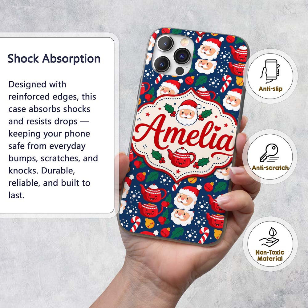 Cute Santa Teapot Candy Cane Holly Printed Design Custom Name Protective Phone Case Mobile Cover Durable Everyday Smartphone Shock Resistant