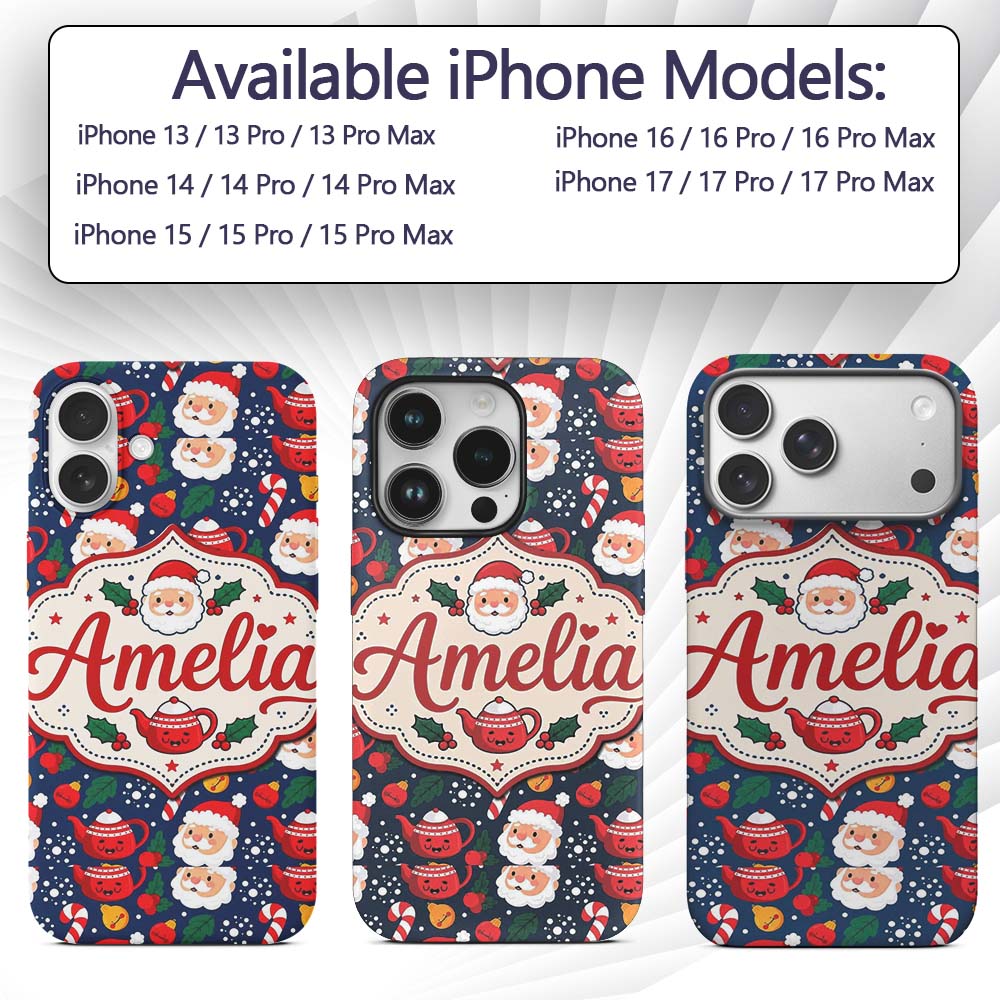 Cute Santa Teapot Candy Cane Holly Printed Design Custom Name Protective Phone Case Mobile Cover Durable Everyday Smartphone Shock Resistant