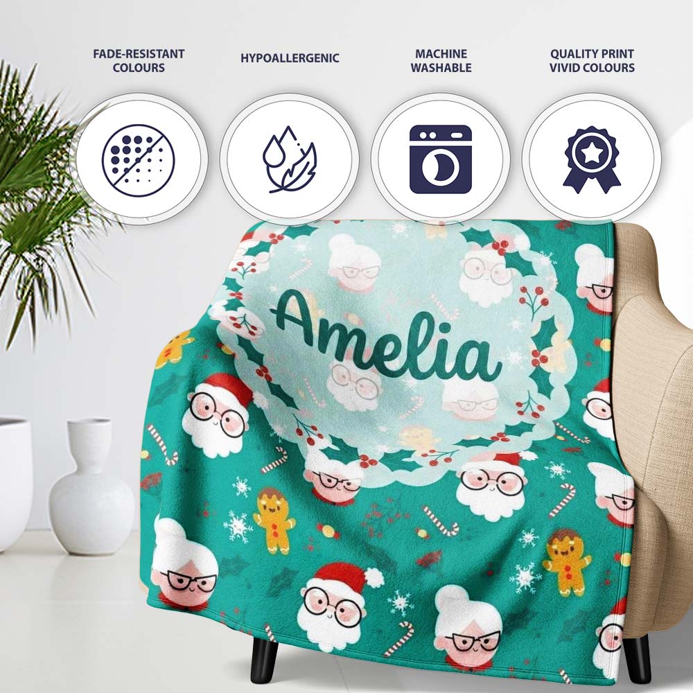 Cute Santa Mrs Claus Gingerbread Seamless Pattern Christmas Family Personalised Custom Name Super Soft Fleece Blanket Bed Sofa Throw