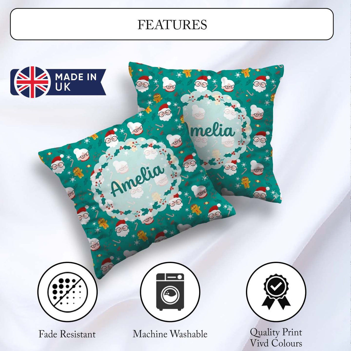 Custom Name Santa Mrs Claus Gingerbread Pattern Christmas Family Square Filled Cushion Throw Pillow Sofa Bed Home Decor Zip Washable UK Made