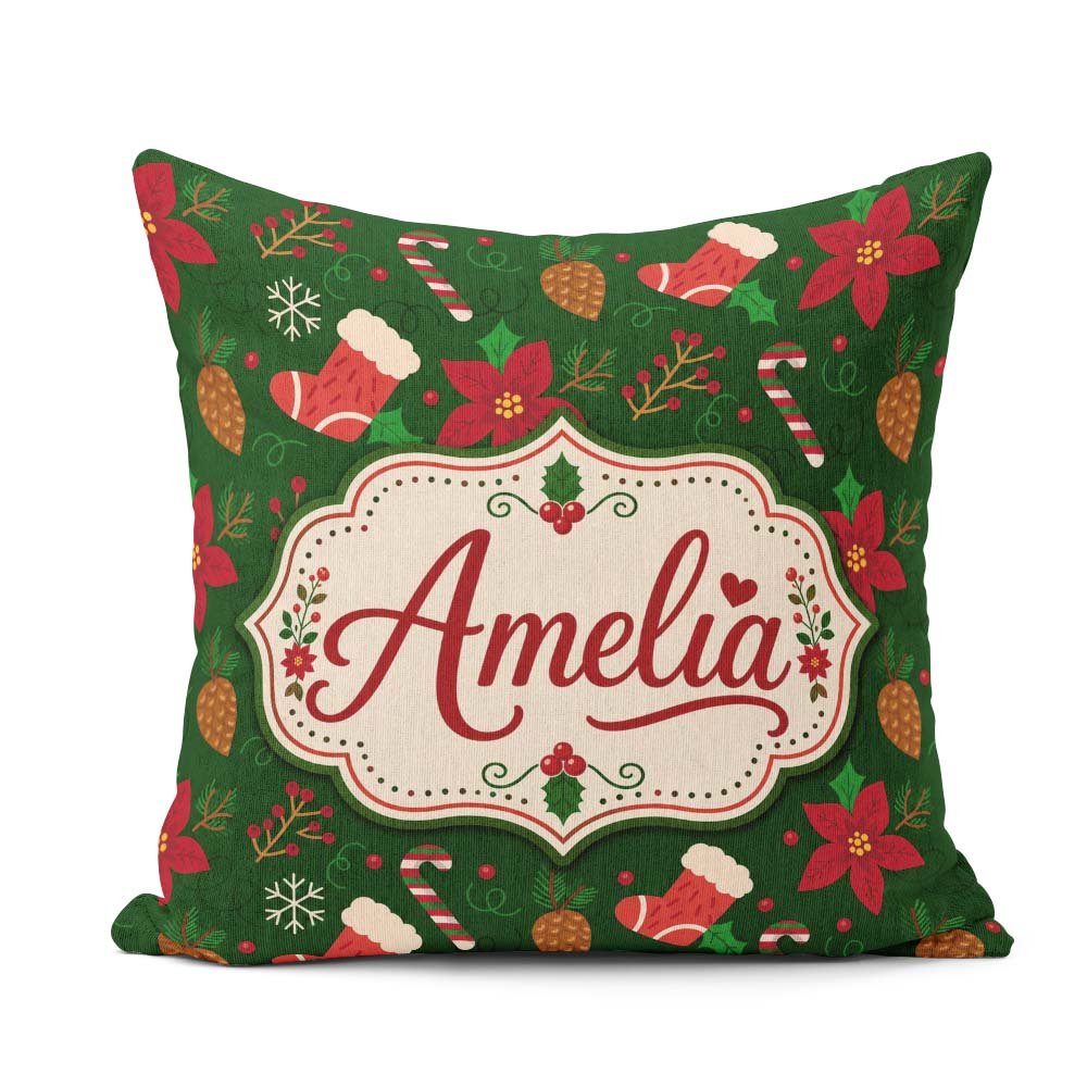 Custom Name Cute Christmas Stocking Candy Cane Pinecone Seamless Square Filled Cushion Throw Pillow Sofa Bed Home Decor Zip Washable UK Made