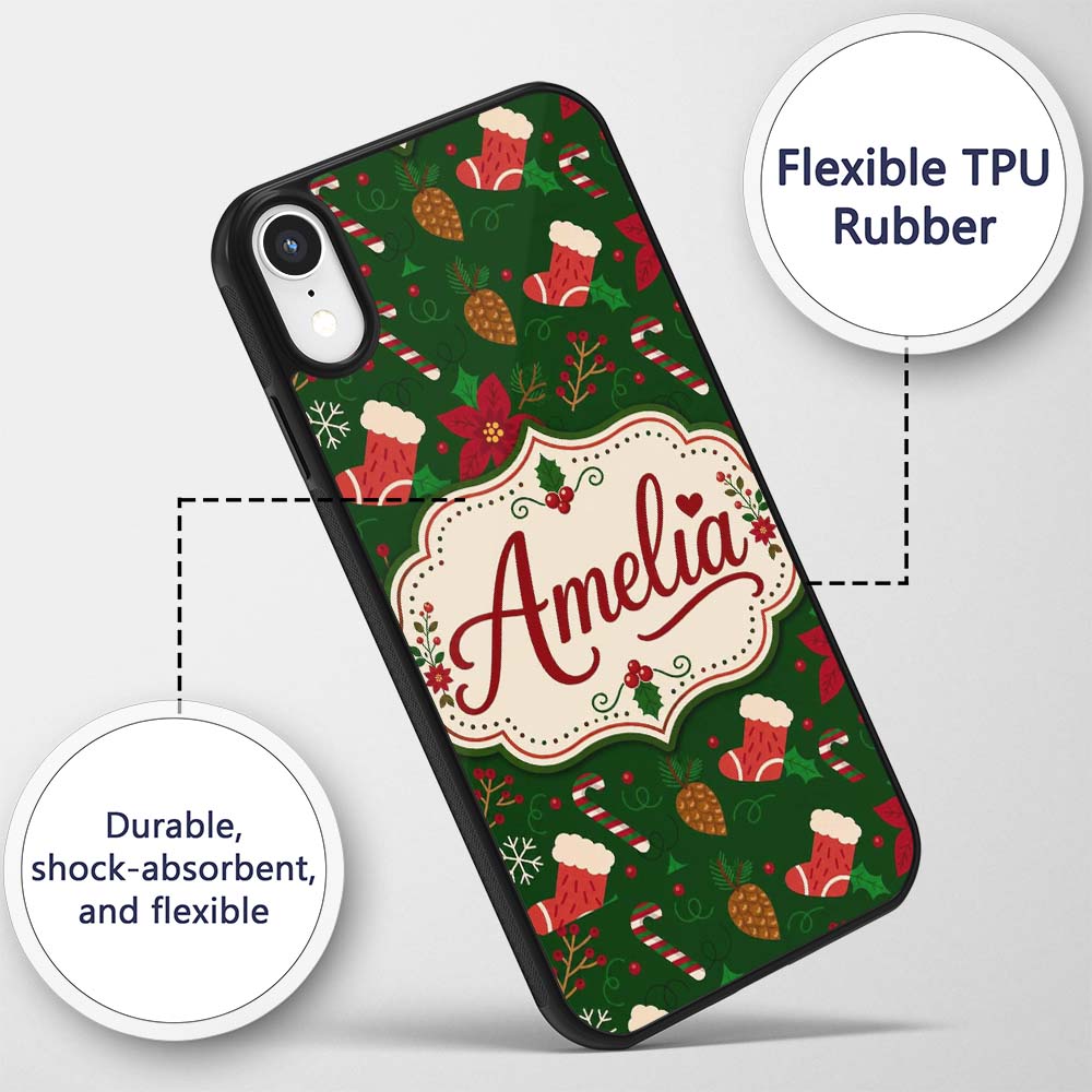 Cute Christmas Stocking Candy Cane Printed Design Custom Name Protective Phone Case Mobile Cover Durable Everyday Smartphone Shock Resistant