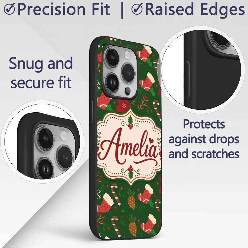 Cute Christmas Stocking Candy Cane Printed Design Custom Name Protective Phone Case Mobile Cover Durable Everyday Smartphone Shock Resistant