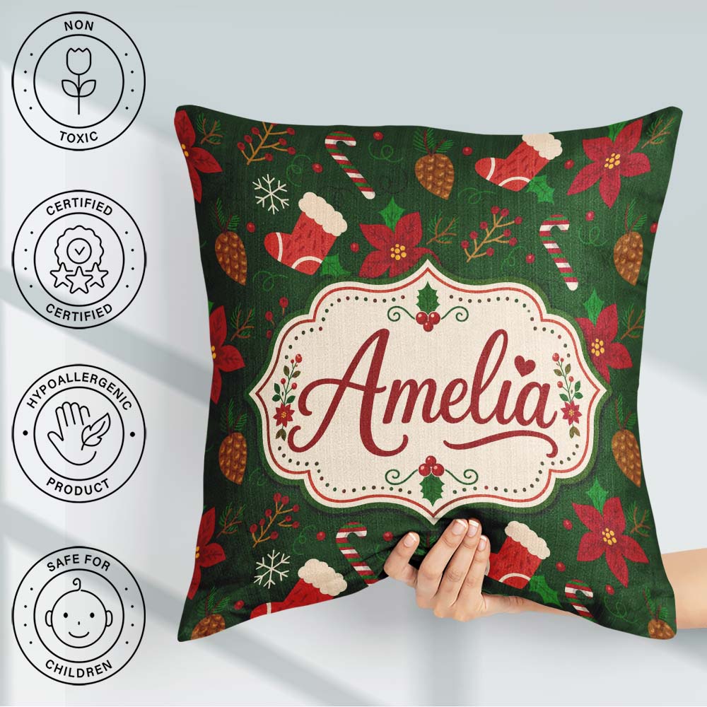 Custom Name Cute Christmas Stocking Candy Cane Pinecone Seamless Square Filled Cushion Throw Pillow Sofa Bed Home Decor Zip Washable UK Made