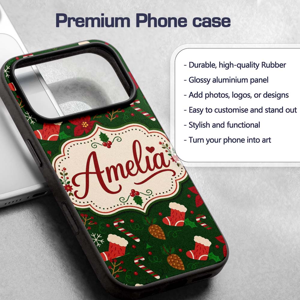 Cute Christmas Stocking Candy Cane Printed Design Custom Name Protective Phone Case Mobile Cover Durable Everyday Smartphone Shock Resistant
