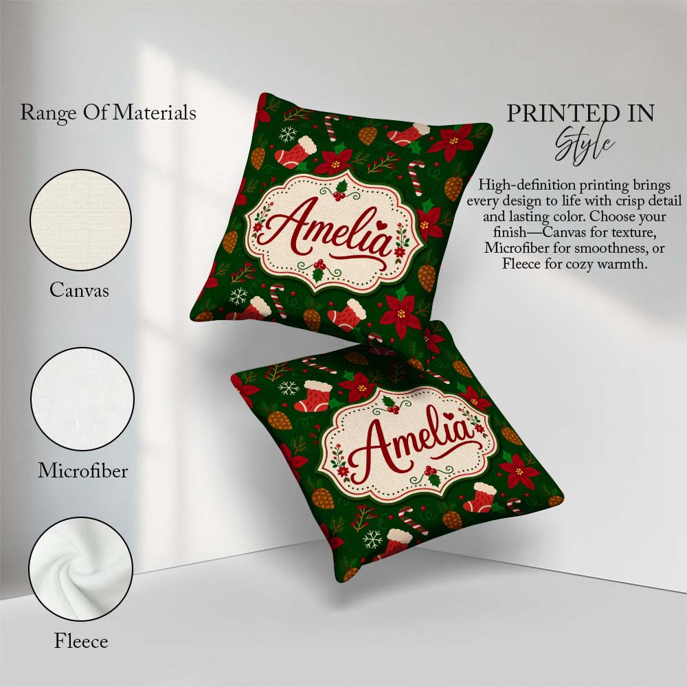 Custom Name Cute Christmas Stocking Candy Cane Pinecone Seamless Square Filled Cushion Throw Pillow Sofa Bed Home Decor Zip Washable UK Made