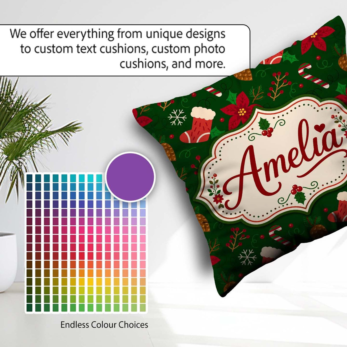 Custom Name Cute Christmas Stocking Candy Cane Pinecone Seamless Square Filled Cushion Throw Pillow Sofa Bed Home Decor Zip Washable UK Made