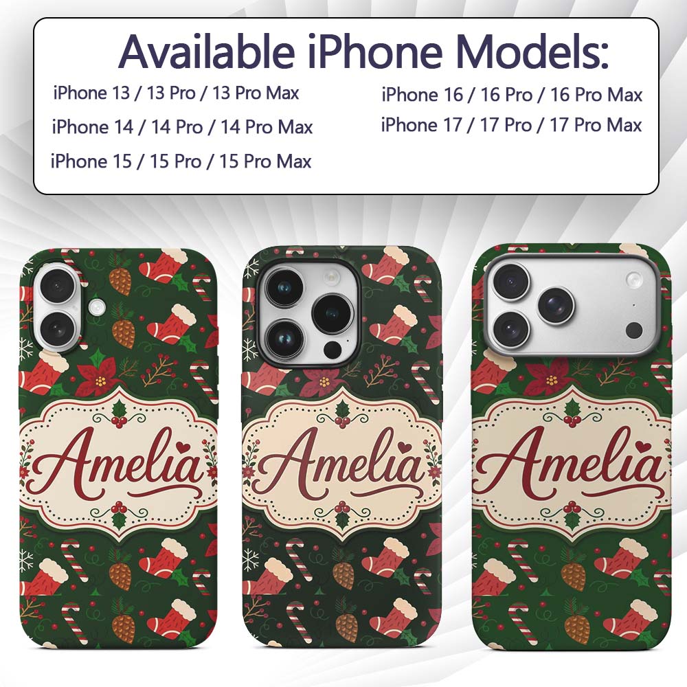 Cute Christmas Stocking Candy Cane Printed Design Custom Name Protective Phone Case Mobile Cover Durable Everyday Smartphone Shock Resistant