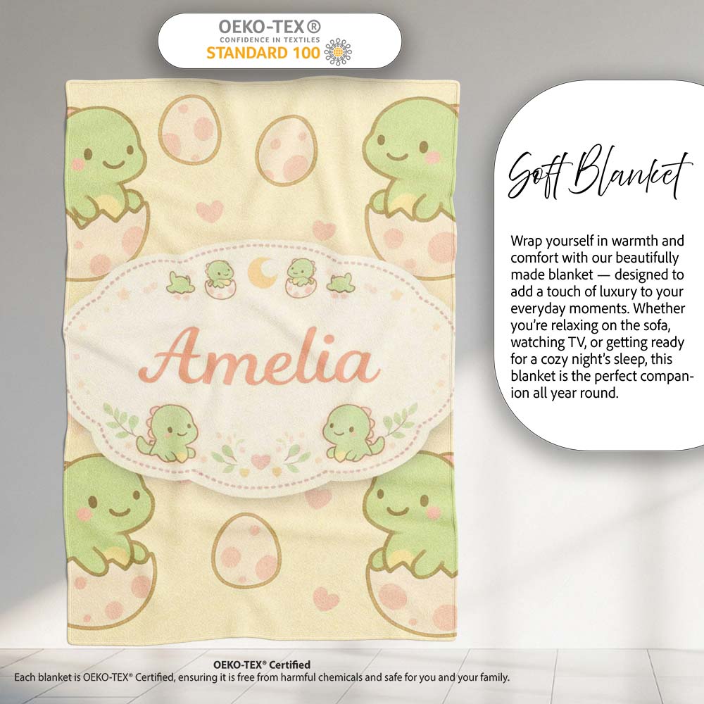 Cute Baby Dinosaur Egg Cartoon Animal Pattern Cute Unique Gift Personalised Custom Name Super Soft Fleece Blanket Bed Sofa Throw