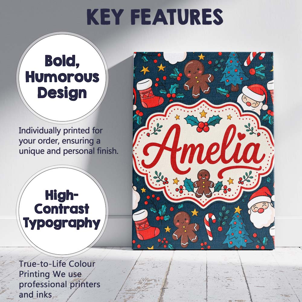 Personalised Name Cute Gingerbread Santa Custom Unique Gift Idea Elegant Feature Canvas Wall Art Print Decor Picture Ready to Hang