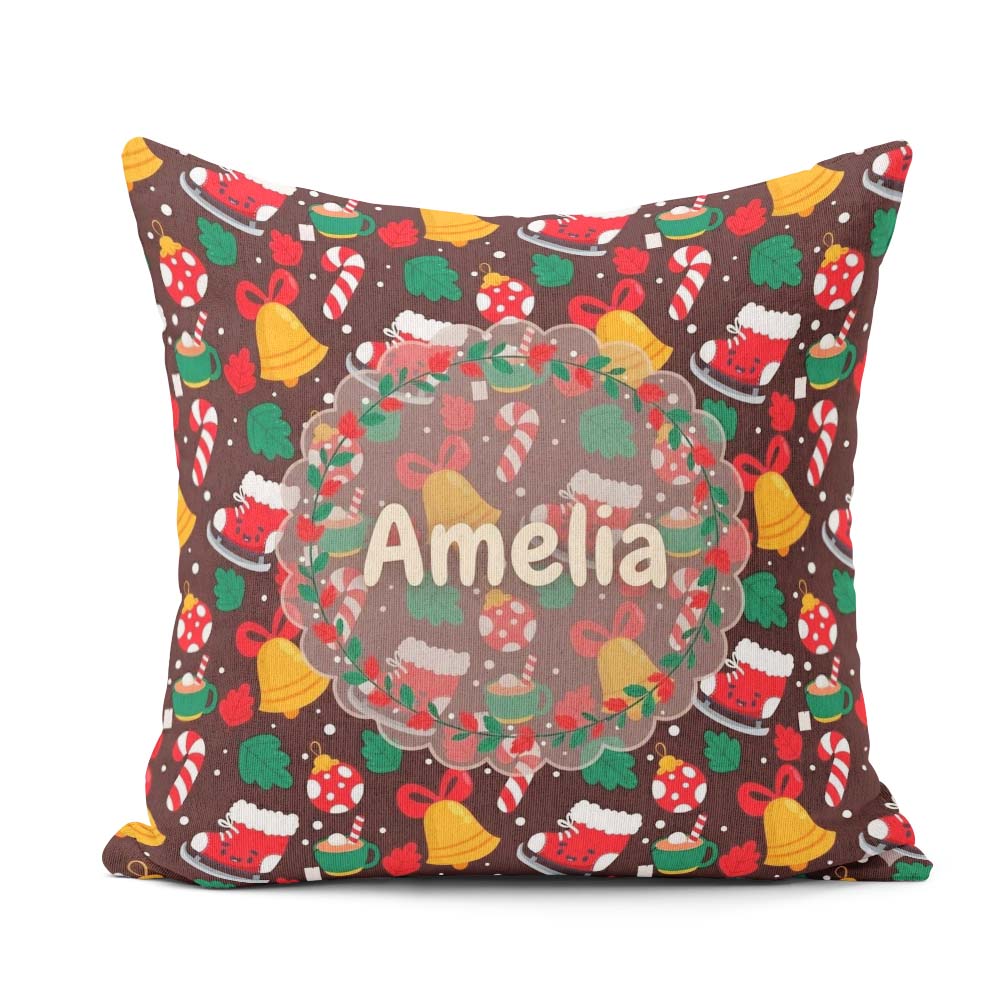 Custom Name Cute Christmas Ice Skates Bells Candy Canes Seamless Square Filled Cushion Throw Pillow Sofa Bed Home Decor Zip Washable UK Made