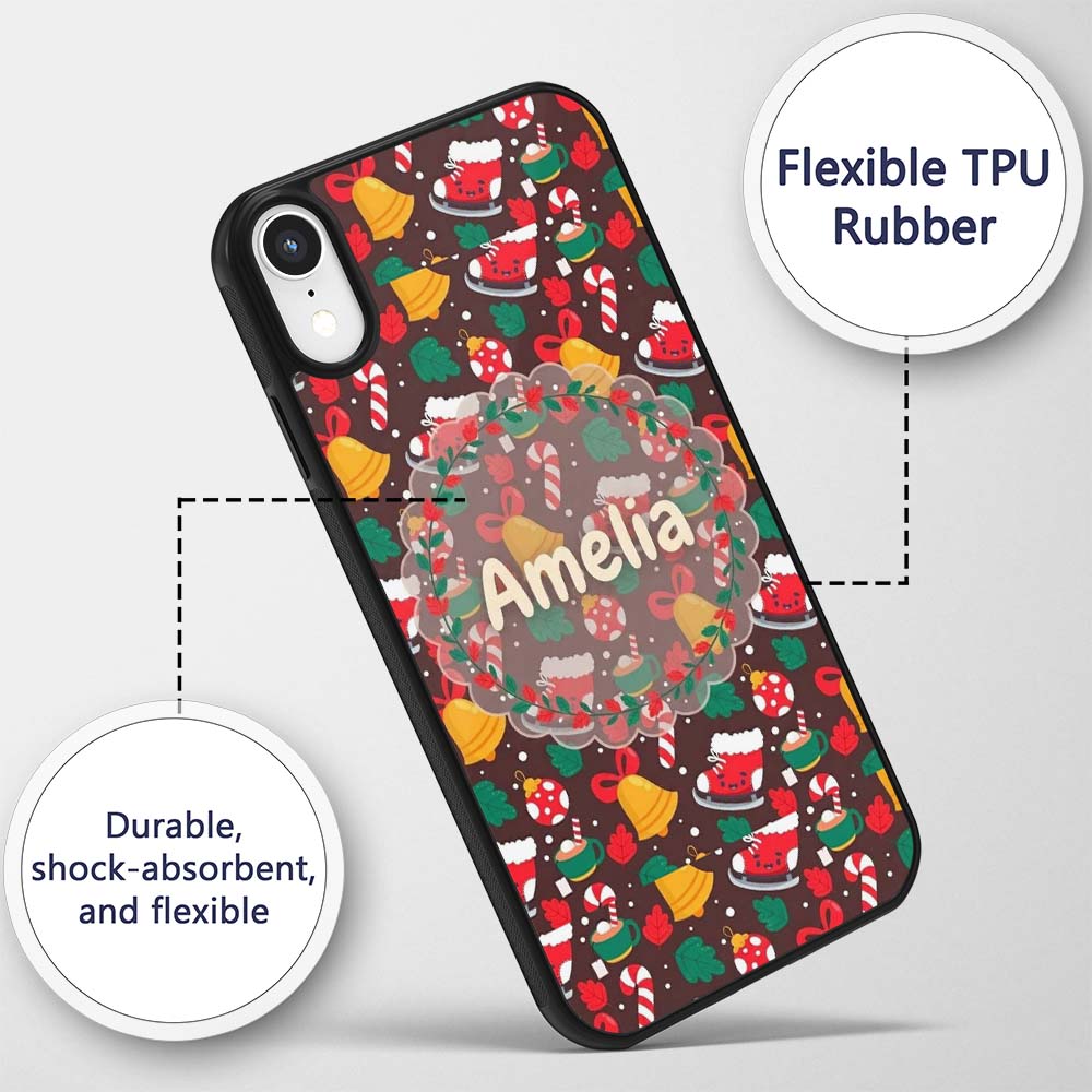 Cute Christmas Ice Skates Bells Printed Design Custom Name Protective Phone Case Mobile Cover Durable Everyday Smartphone Shock Resistant