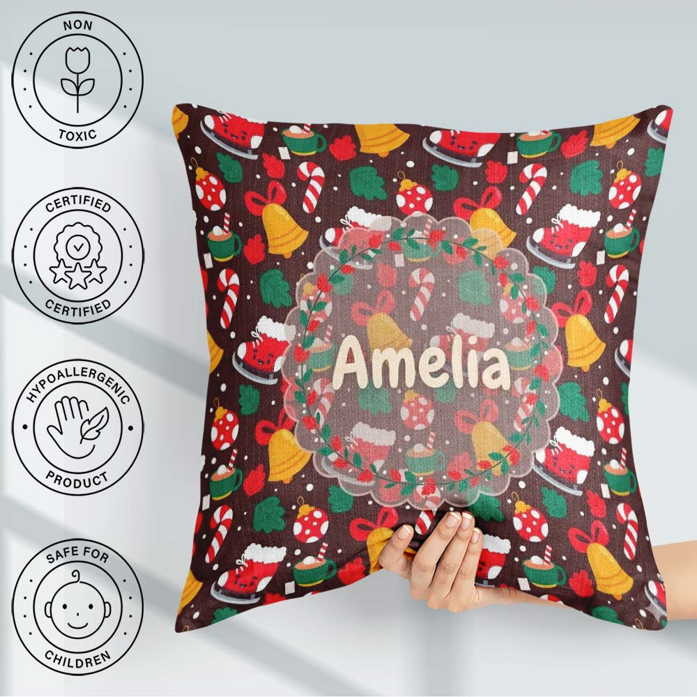 Custom Name Cute Christmas Ice Skates Bells Candy Canes Seamless Square Filled Cushion Throw Pillow Sofa Bed Home Decor Zip Washable UK Made
