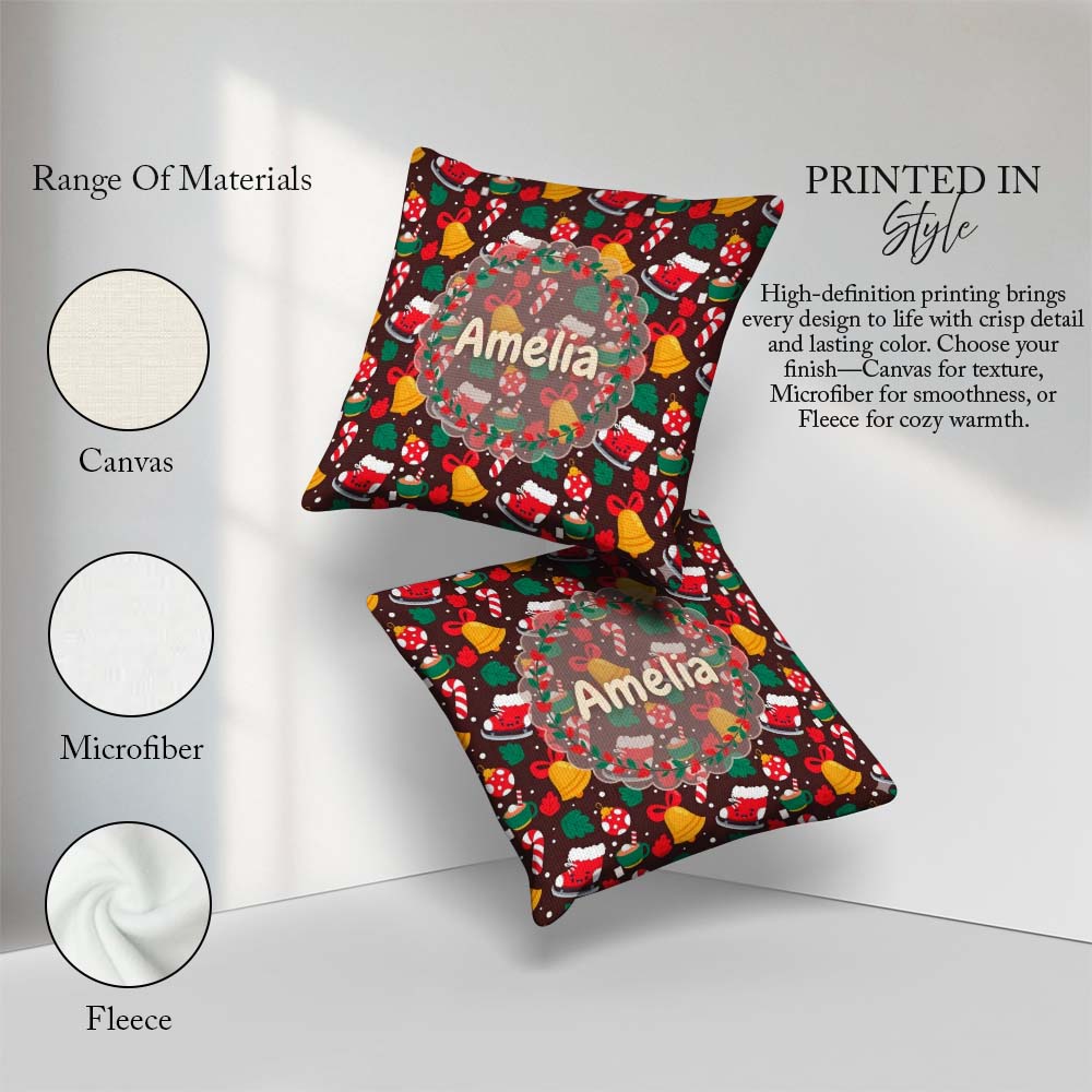 Custom Name Cute Christmas Ice Skates Bells Candy Canes Seamless Square Filled Cushion Throw Pillow Sofa Bed Home Decor Zip Washable UK Made