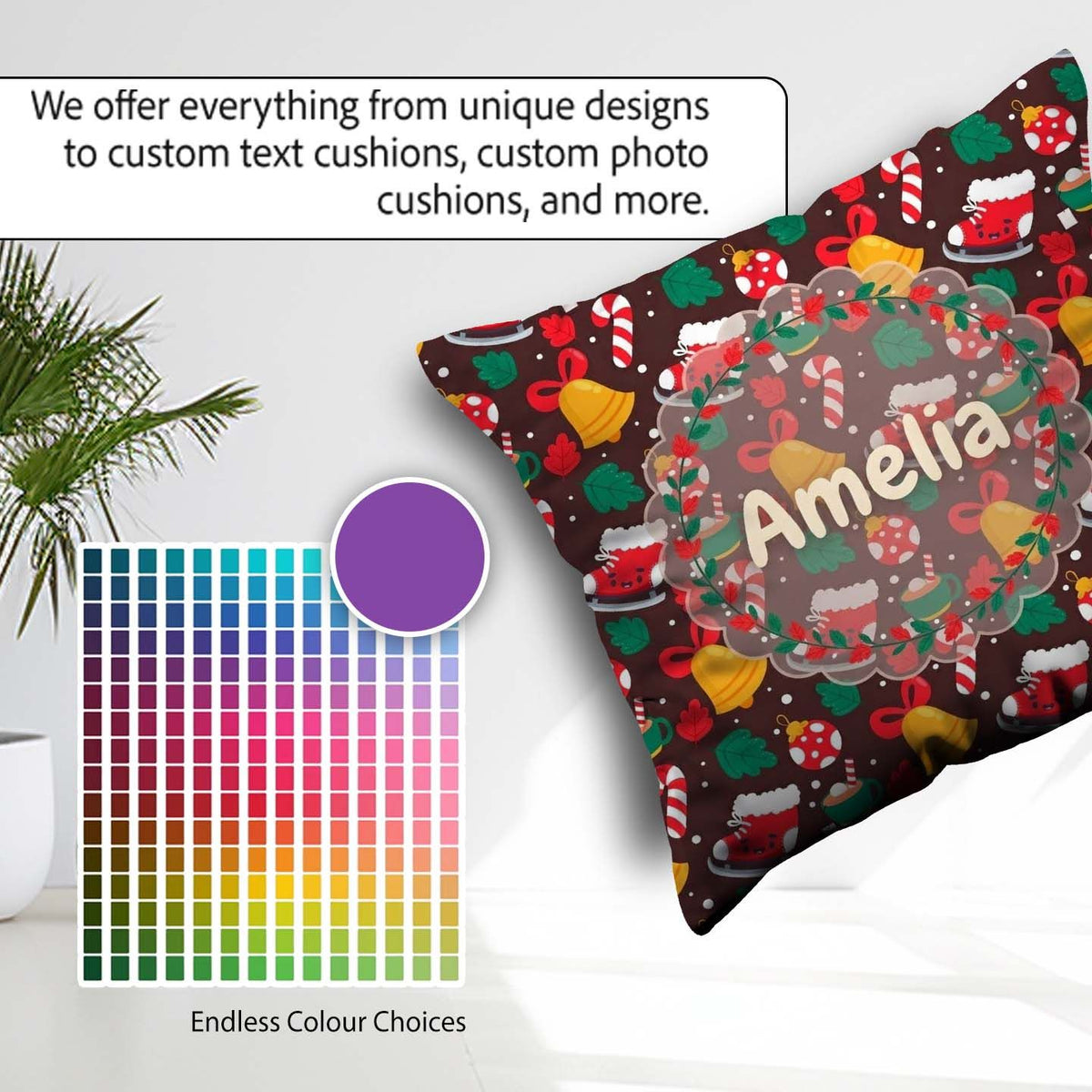 Custom Name Cute Christmas Ice Skates Bells Candy Canes Seamless Square Filled Cushion Throw Pillow Sofa Bed Home Decor Zip Washable UK Made