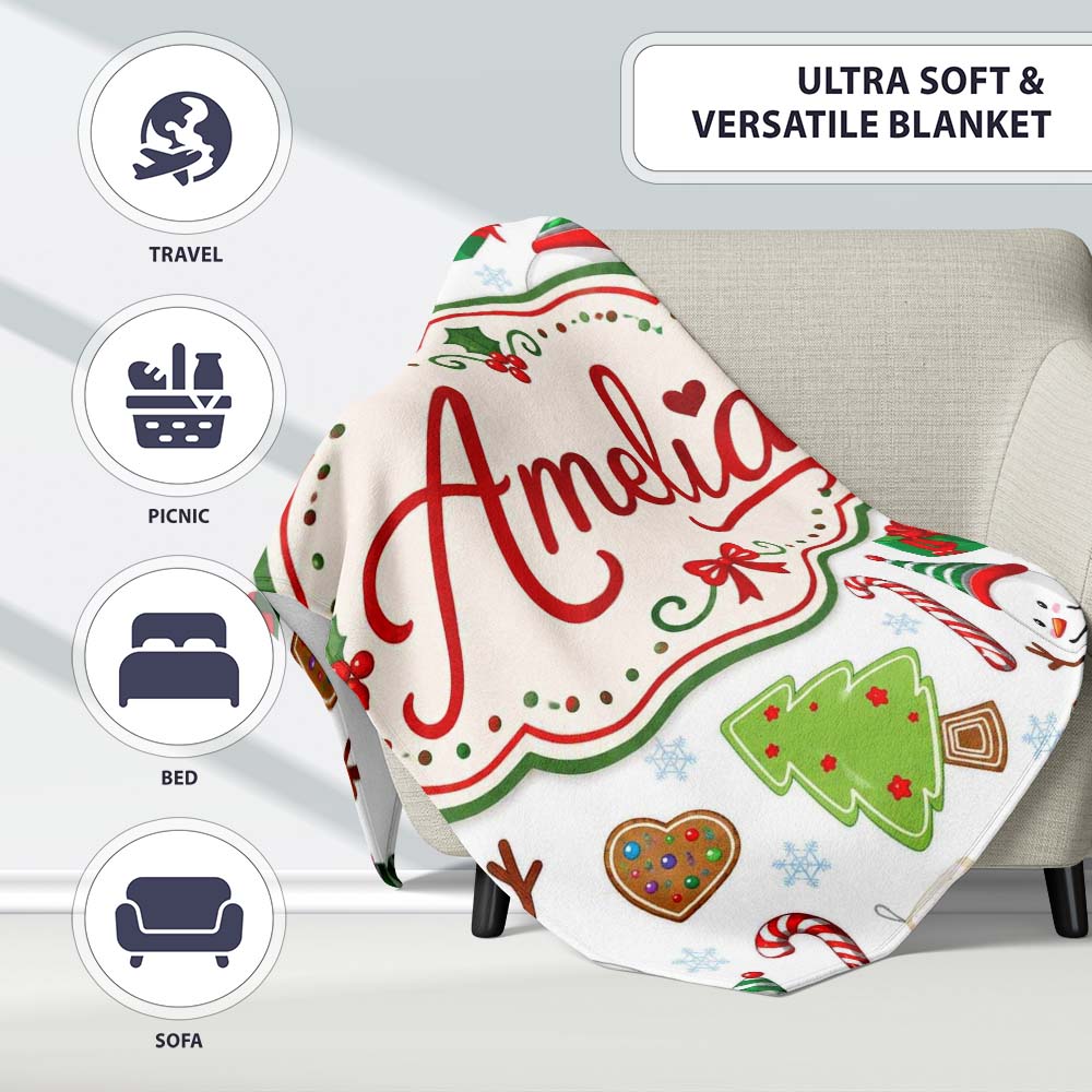 Cute Snowman Candy Cane Christmas Tree Gift Festive Seamless Pattern Personalised Custom Name Super Soft Fleece Blanket Bed Sofa Throw