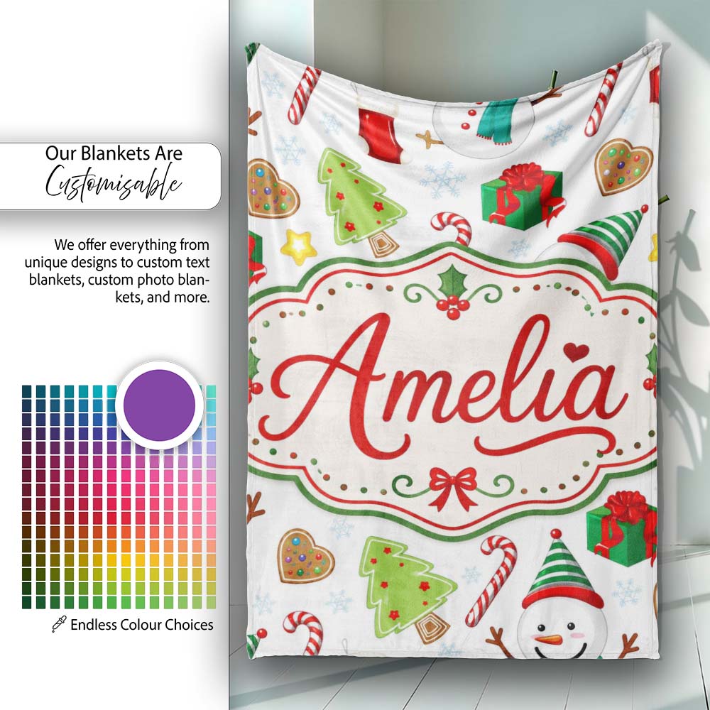 Cute Snowman Candy Cane Christmas Tree Gift Festive Seamless Pattern Personalised Custom Name Super Soft Fleece Blanket Bed Sofa Throw