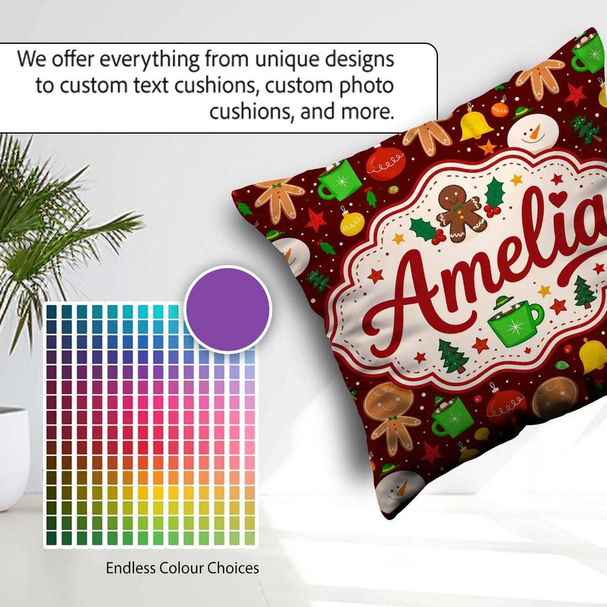 Custom Name Cute Gingerbread Man Snowman Baubles Festive Holiday Square Filled Cushion Throw Pillow Sofa Bed Home Decor Zip Washable UK Made