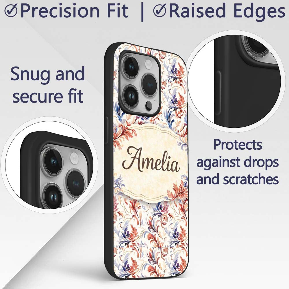 Soft Red Blue Floral Seamless Pattern Vintage Custom Name Protective Phone Case Mobile Cover Durable Everyday Smartphone Shock Resistant