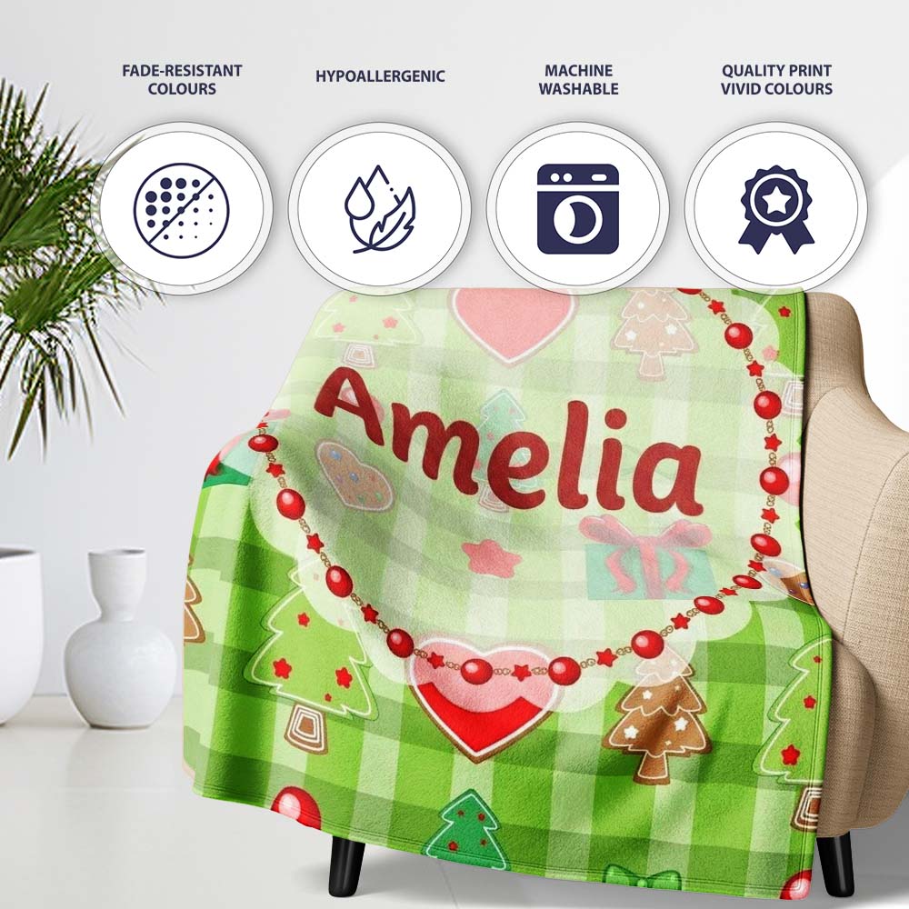 Cute Christmas Trees Hearts Gifts Green Plaid Seamless Pattern Personalised Custom Name Super Soft Fleece Blanket Bed Sofa Throw