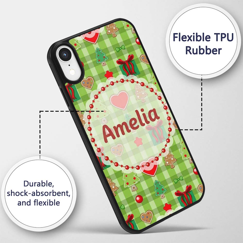 Cute Christmas Trees Hearts Gifts Green Plaid Custom Name Protective Phone Case Mobile Cover Durable Everyday Smartphone Shock Resistant
