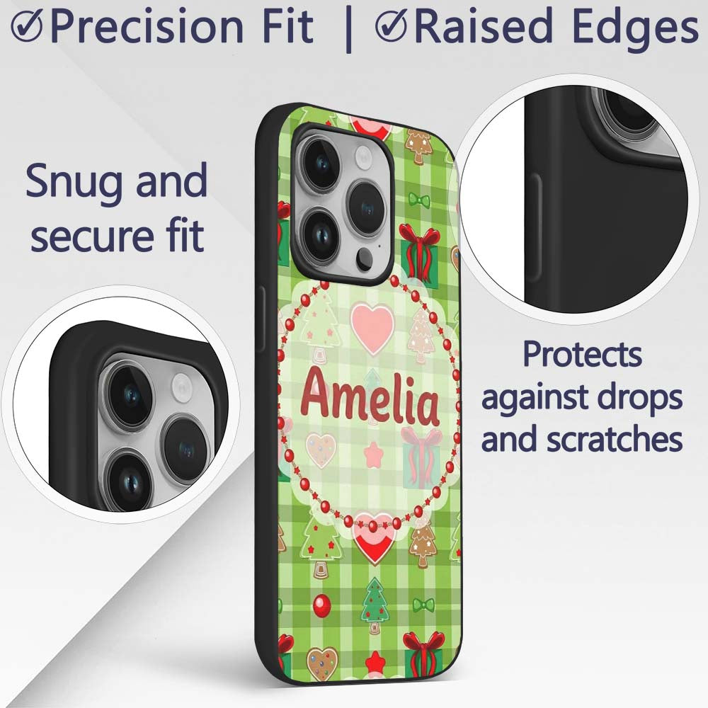 Cute Christmas Trees Hearts Gifts Green Plaid Custom Name Protective Phone Case Mobile Cover Durable Everyday Smartphone Shock Resistant