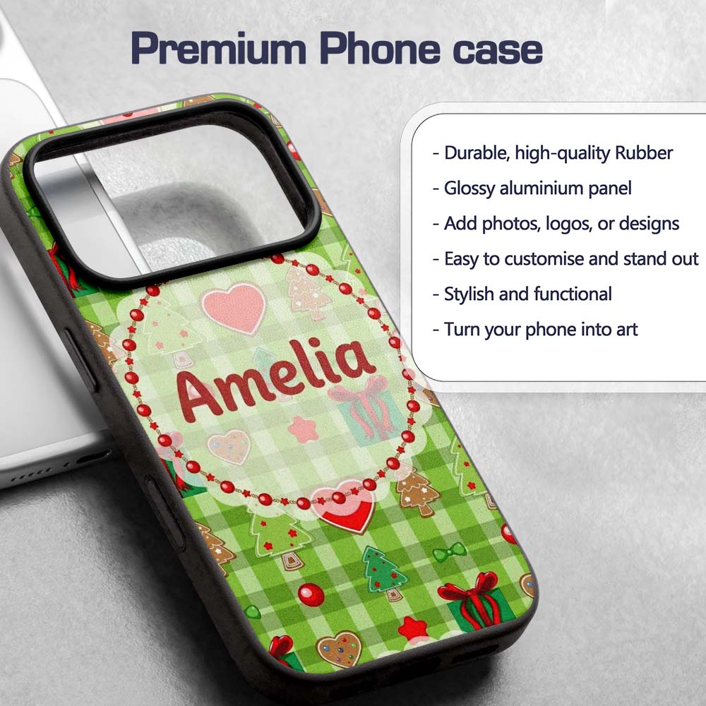 Cute Christmas Trees Hearts Gifts Green Plaid Custom Name Protective Phone Case Mobile Cover Durable Everyday Smartphone Shock Resistant