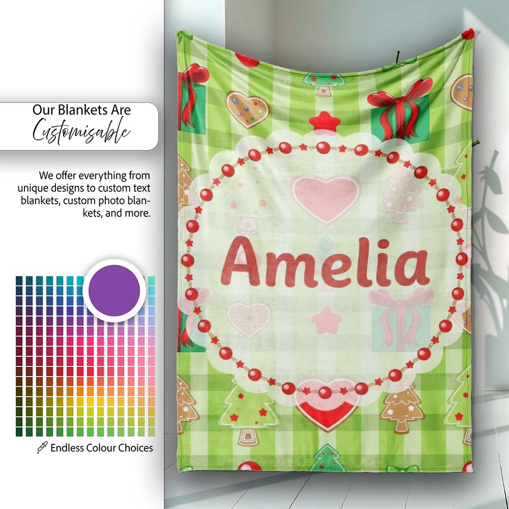 Cute Christmas Trees Hearts Gifts Green Plaid Seamless Pattern Personalised Custom Name Super Soft Fleece Blanket Bed Sofa Throw