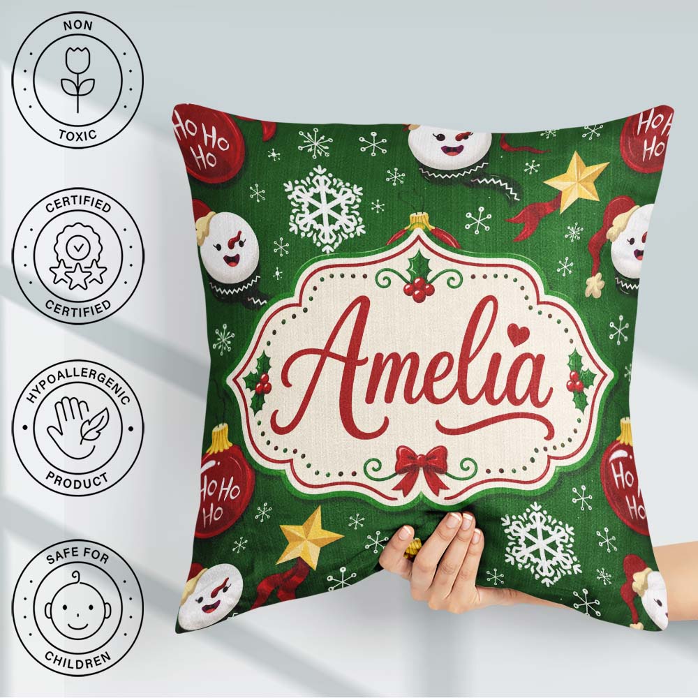 Custom Name Snowman Ho Ho Baubles Stars Festive Holiday Seamless Square Filled Cushion Throw Pillow Sofa Bed Home Decor Zip Washable UK Made