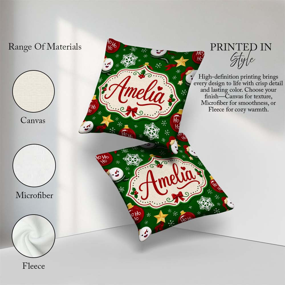 Custom Name Snowman Ho Ho Baubles Stars Festive Holiday Seamless Square Filled Cushion Throw Pillow Sofa Bed Home Decor Zip Washable UK Made