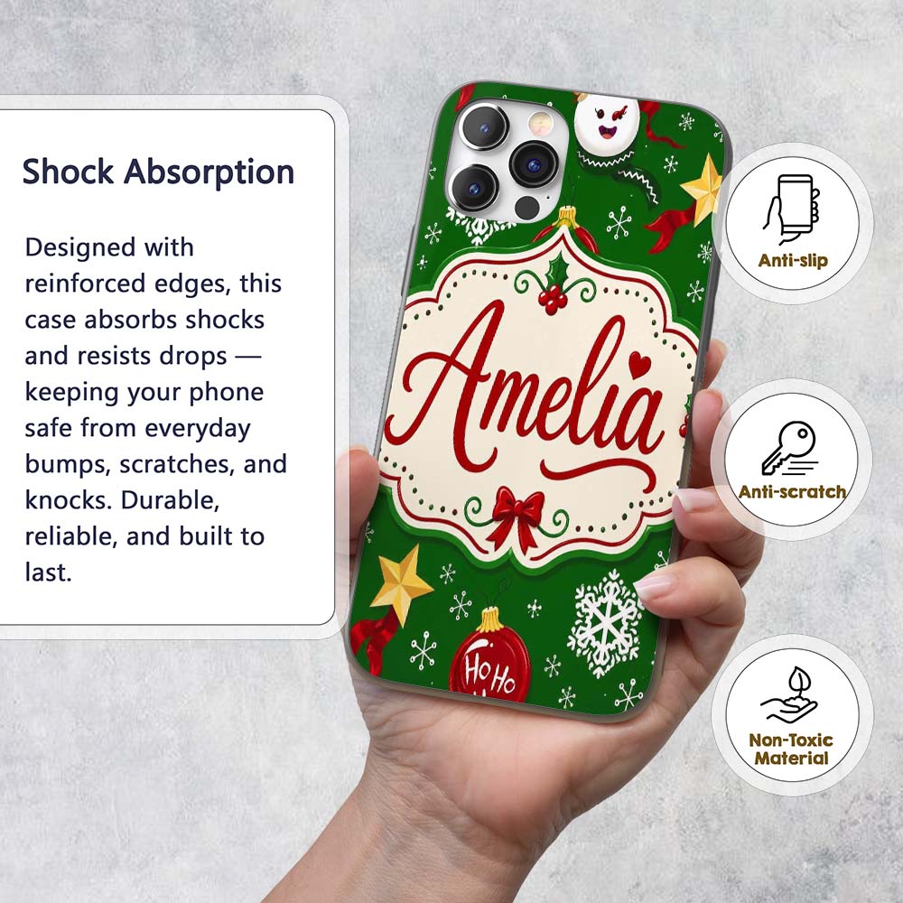 Cute Snowman Ho Baubles Stars Festive Holiday Custom Name Protective Phone Case Mobile Cover Durable Everyday Smartphone Shock Resistant