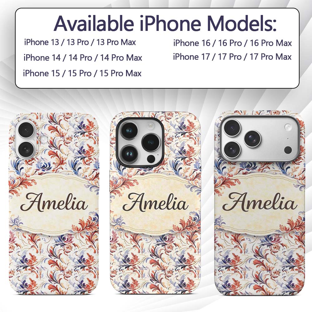 Soft Red Blue Floral Seamless Pattern Vintage Custom Name Protective Phone Case Mobile Cover Durable Everyday Smartphone Shock Resistant