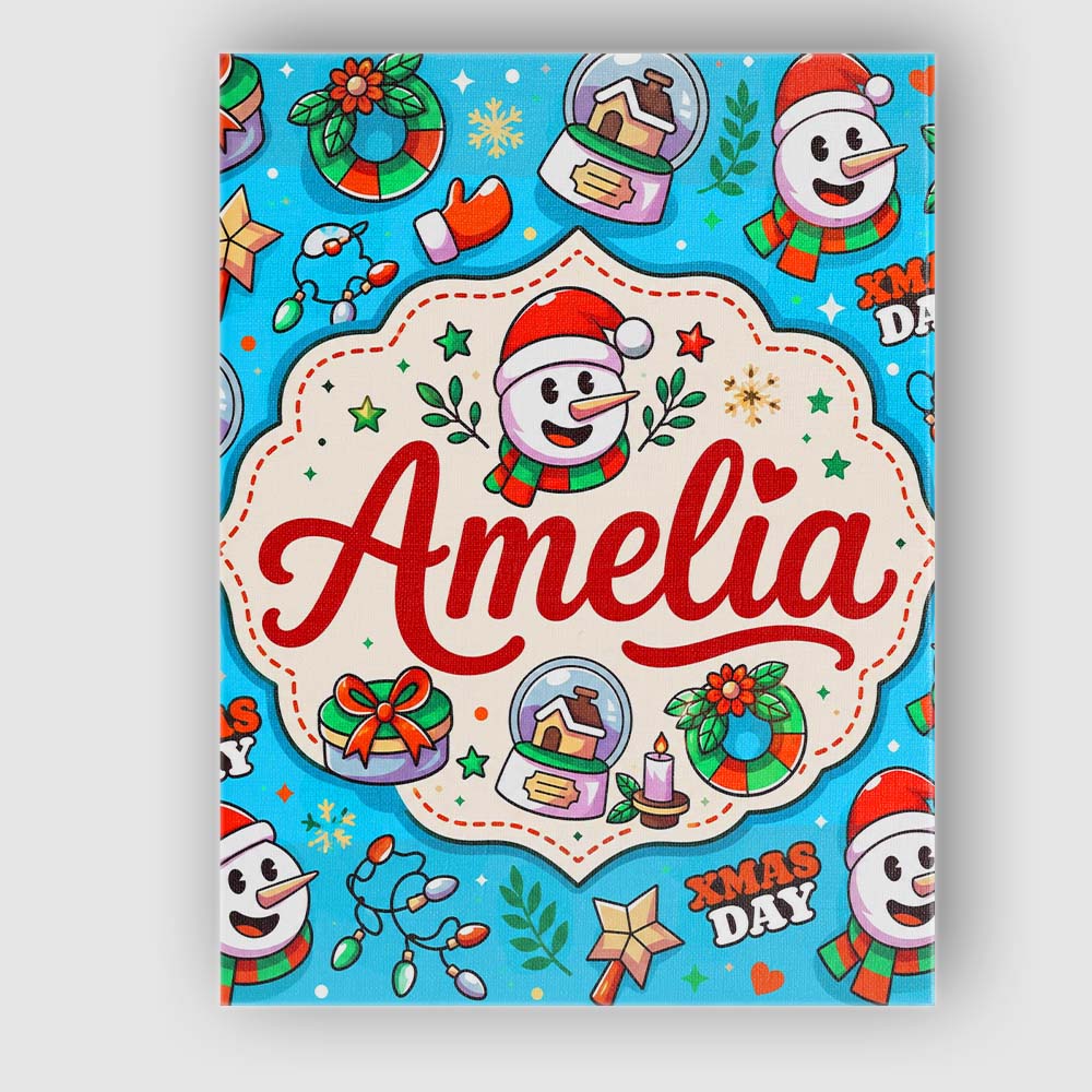 Personalised Name Cute Snowman Xmas Day Custom Modern Room Accent Elegant Feature Canvas Wall Art Print Decor Picture Ready to Hang