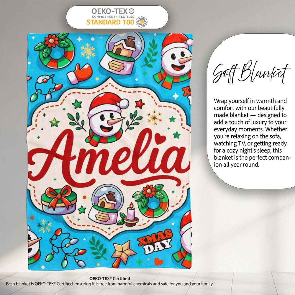 Cute Snowman Xmas Day Wreath Gifts Festive Seamless Pattern Lovely Personalised Custom Name Super Soft Fleece Blanket Bed Sofa Throw