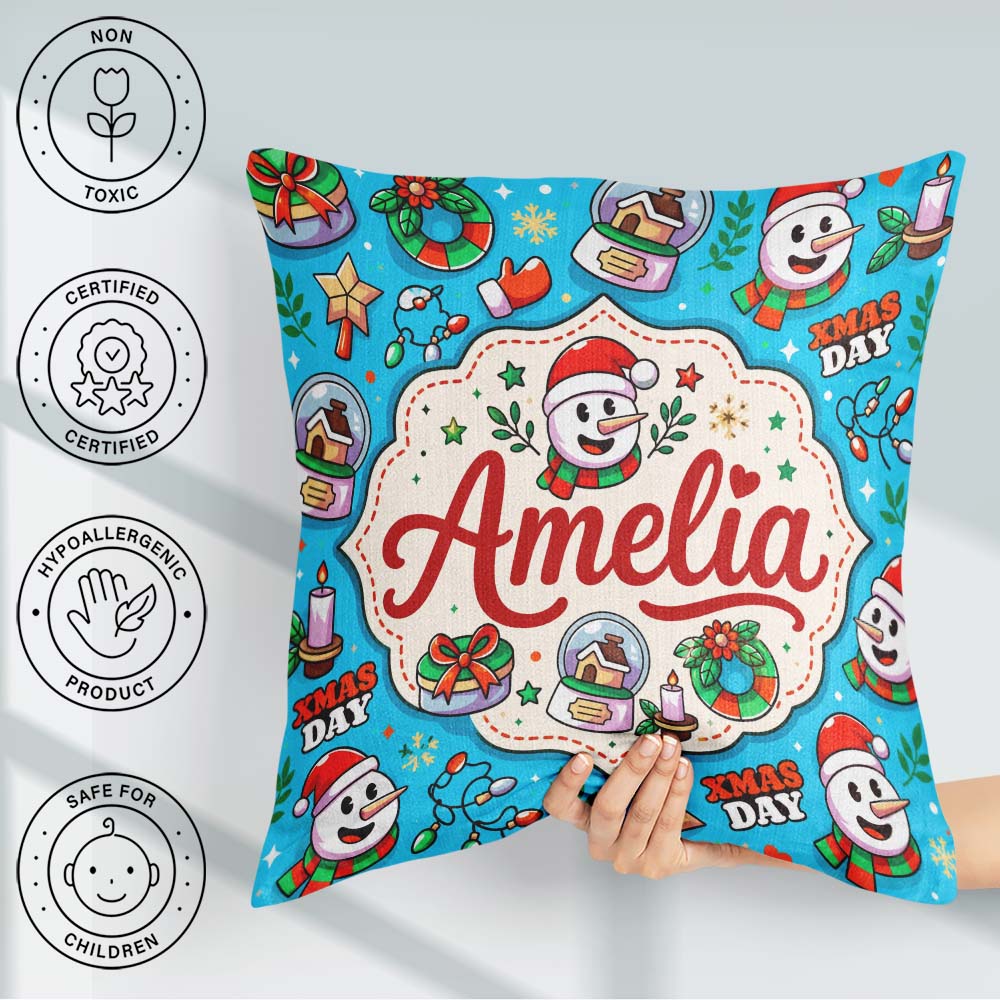 Custom Name Cute Snowman Xmas Day Gifts Festive Seamless Pattern Square Filled Cushion Throw Pillow Sofa Bed Home Decor Zip Washable UK Made