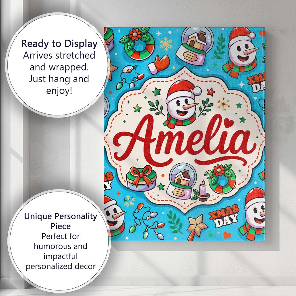 Personalised Name Cute Snowman Xmas Day Custom Modern Room Accent Elegant Feature Canvas Wall Art Print Decor Picture Ready to Hang