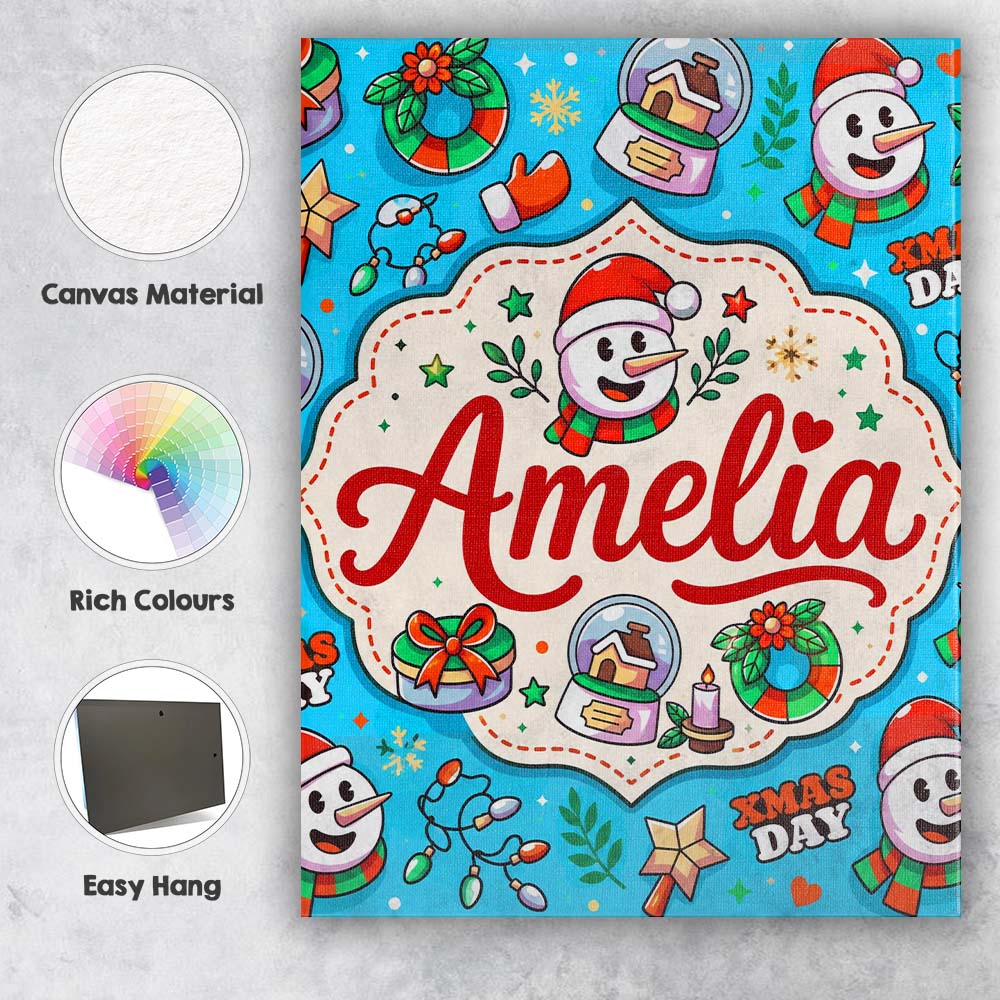 Personalised Name Cute Snowman Xmas Day Custom Modern Room Accent Elegant Feature Canvas Wall Art Print Decor Picture Ready to Hang