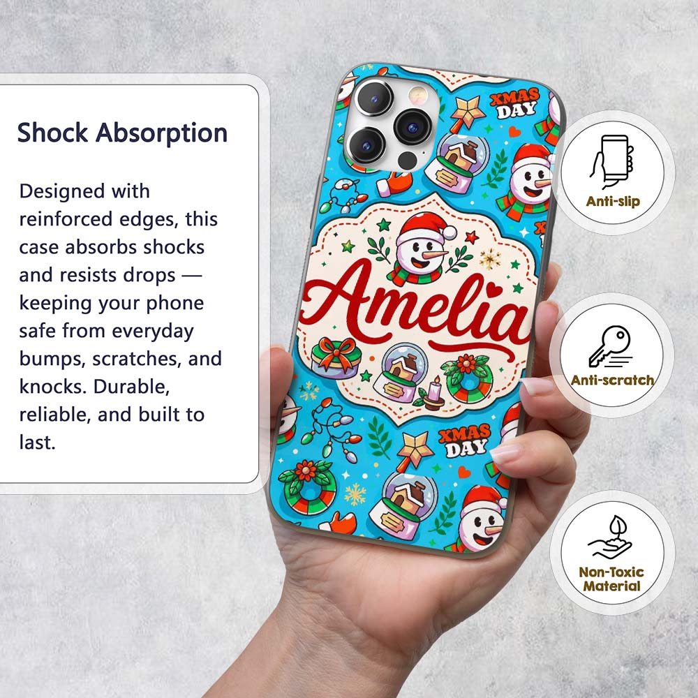 Cute Snowman Xmas Day Wreath Gifts Printed Design Custom Name Protective Phone Case Mobile Cover Durable Everyday Smartphone Shock Resistant