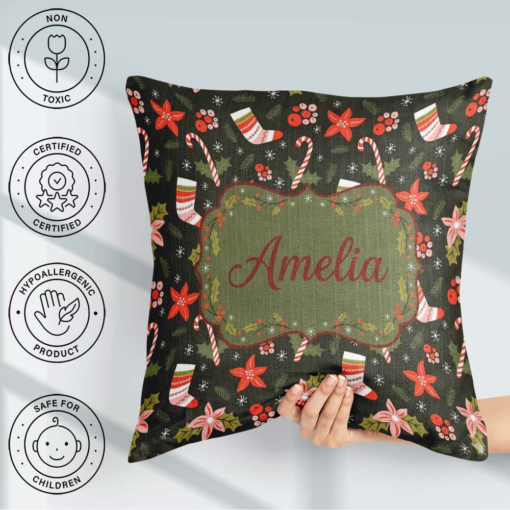 Custom Name Christmas Stockings Candy Canes Holly Floral Pattern Square Filled Cushion Throw Pillow Sofa Bed Home Decor Zip Washable UK Made