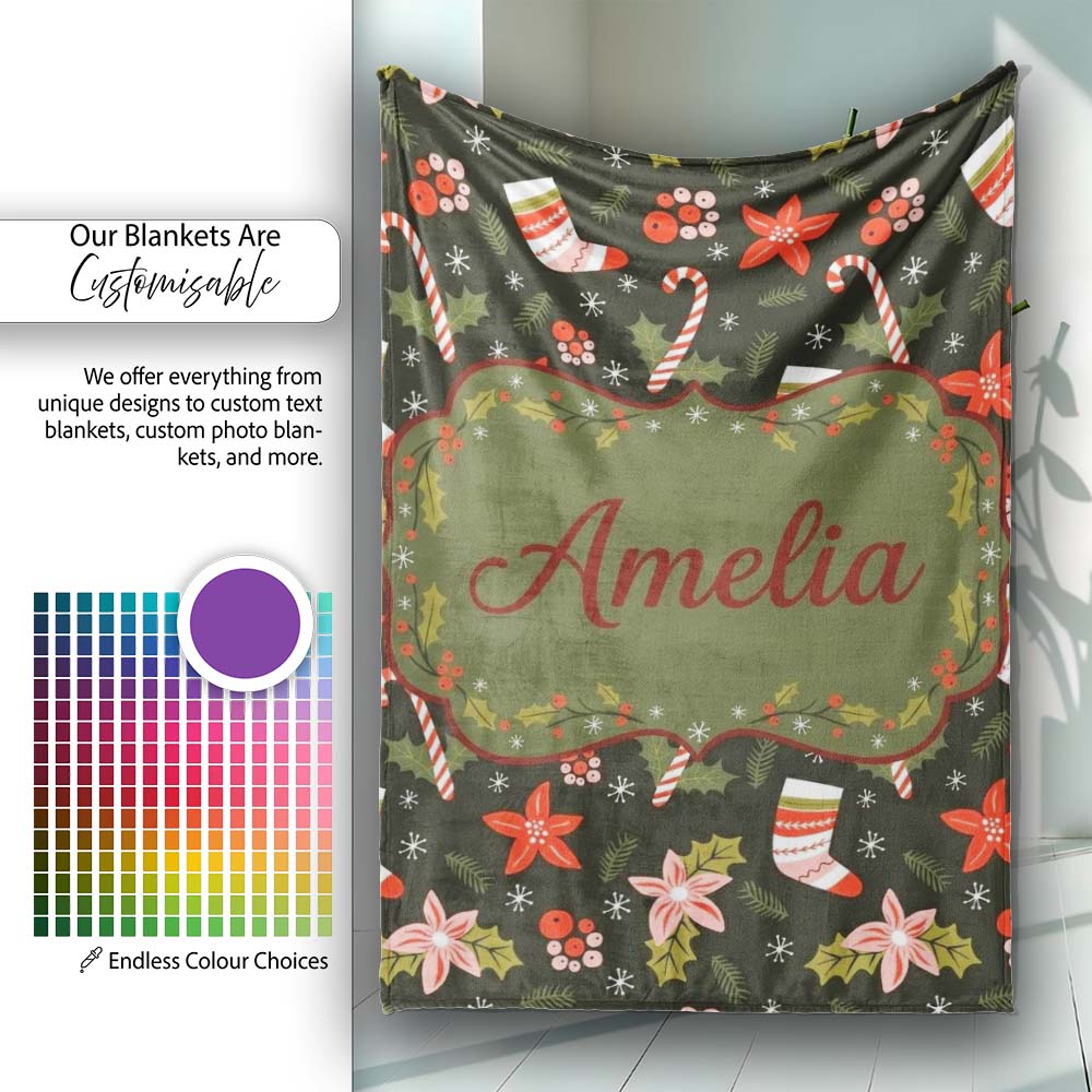 Cute Christmas Stockings Candy Canes Holly Floral Seamless Pattern Personalised Custom Name Super Soft Fleece Blanket Bed Sofa Throw