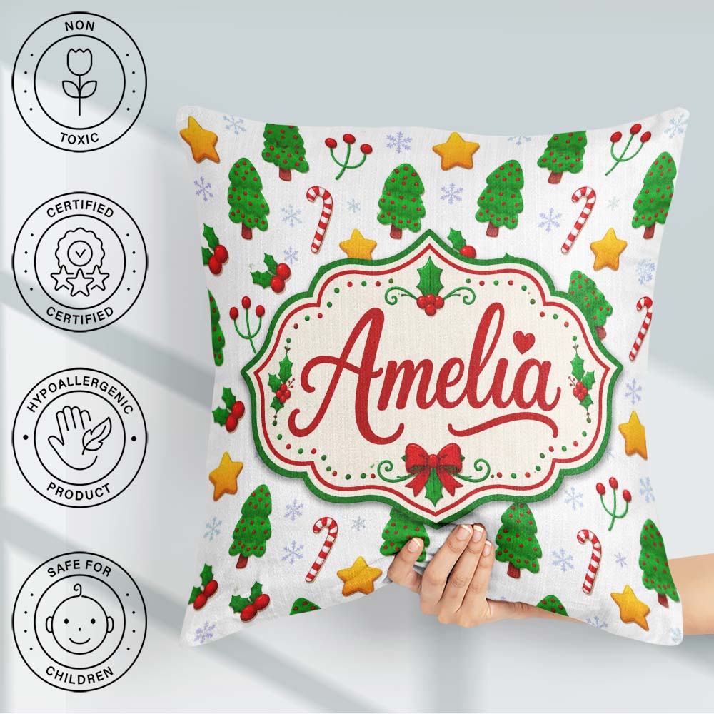 Custom Name Cute Christmas Trees Stars Holly Candy Cane Seamless Square Filled Cushion Throw Pillow Sofa Bed Home Decor Zip Washable UK Made