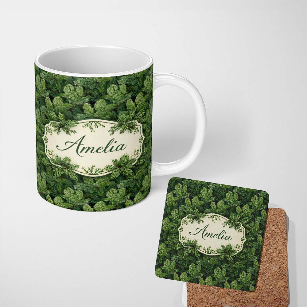 Personalized Custom Name Lush Green Pine Needle with Detailed Evergreen Branches on Dark 11oz Ceramic Coffee Tea Mug White Large Handle
