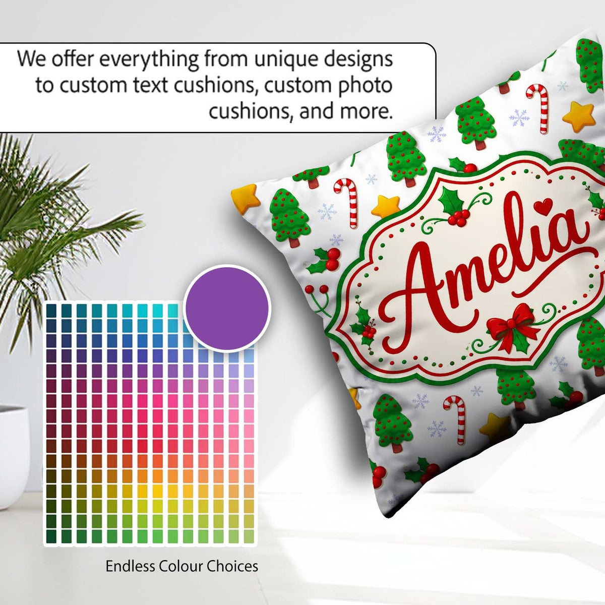 Custom Name Cute Christmas Trees Stars Holly Candy Cane Seamless Square Filled Cushion Throw Pillow Sofa Bed Home Decor Zip Washable UK Made