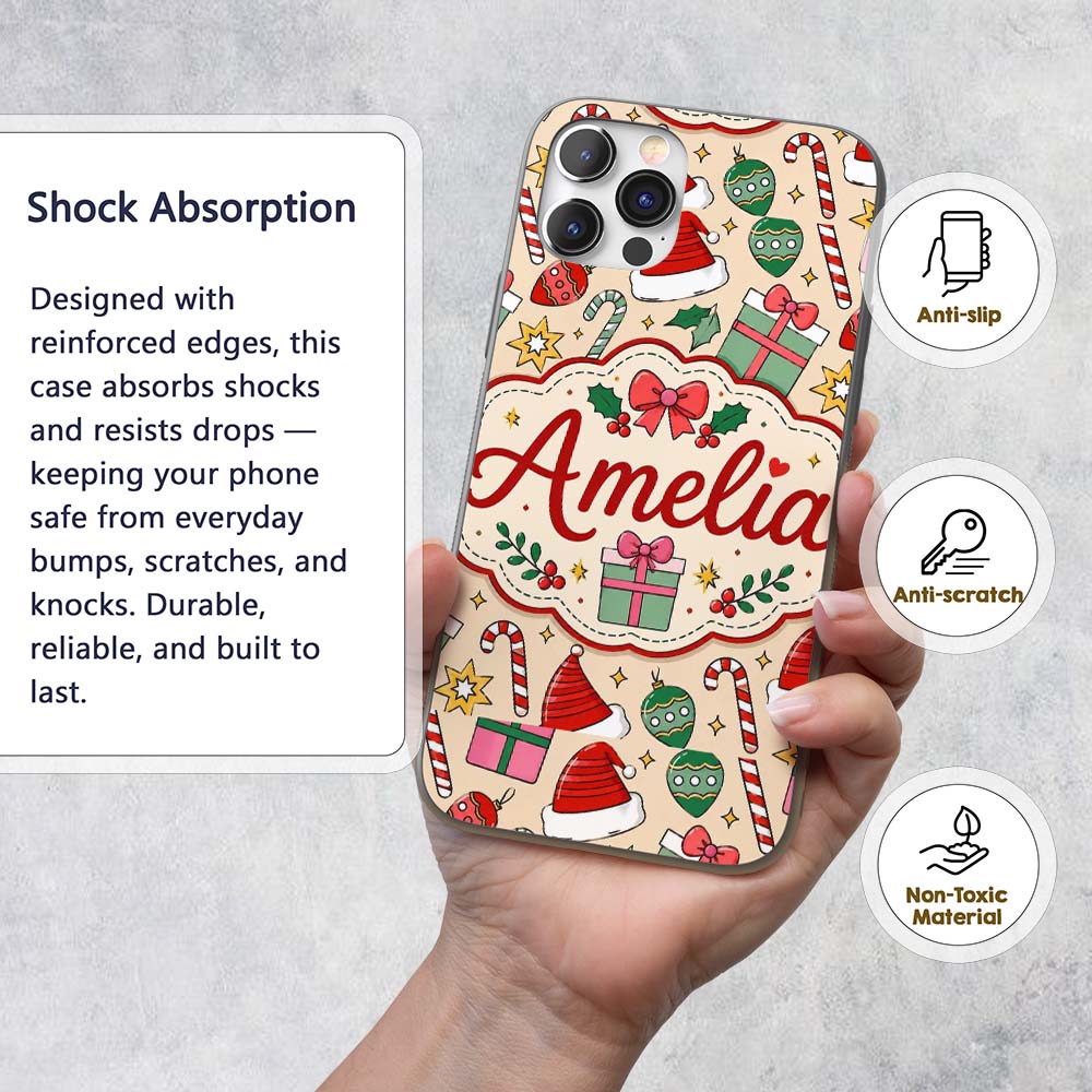 Cute Christmas Gifts Candy Canes Baubles Santa Custom Name Protective Phone Case Mobile Cover Durable Everyday Smartphone Shock Resistant