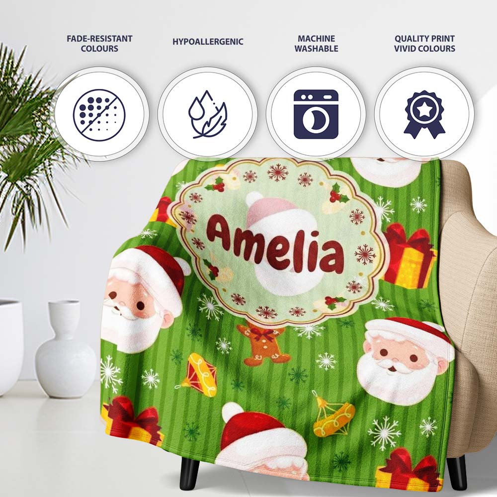 Cute Santa Claus Gingerbread Gift Snowflake Festive Seamless Pattern Personalised Custom Name Super Soft Fleece Blanket Bed Sofa Throw