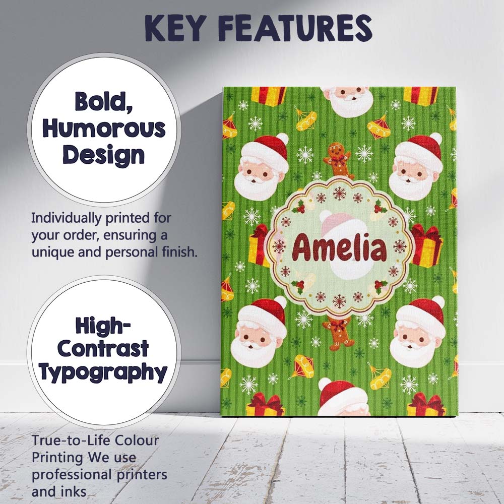 Personalised Name Cute Santa Claus Gingerbread Gift Snowflake Premium Decorative Design Canvas Wall Art Print Decor Picture Ready to Hang