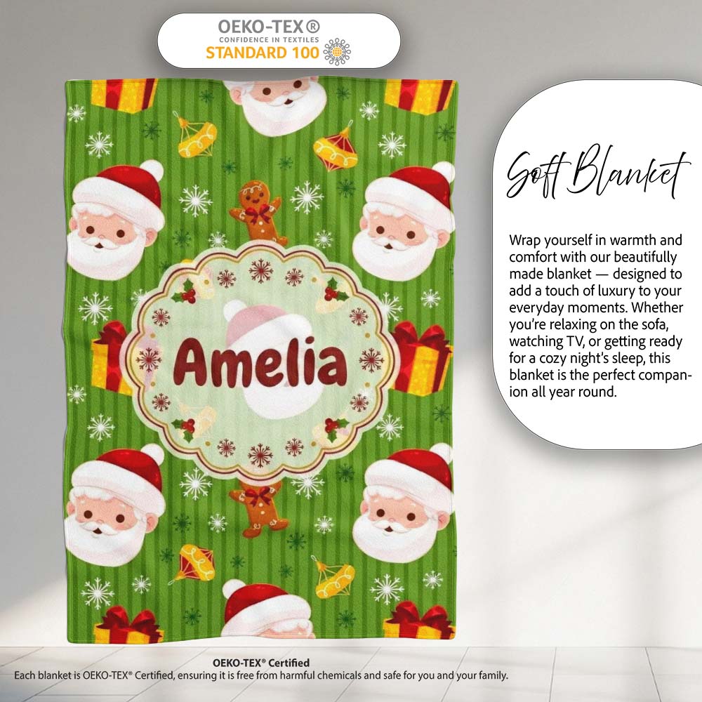 Cute Santa Claus Gingerbread Gift Snowflake Festive Seamless Pattern Personalised Custom Name Super Soft Fleece Blanket Bed Sofa Throw