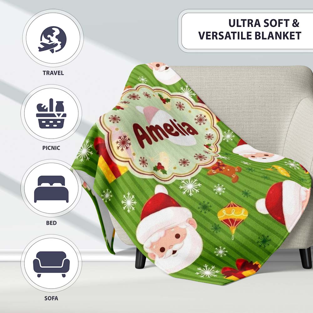 Cute Santa Claus Gingerbread Gift Snowflake Festive Seamless Pattern Personalised Custom Name Super Soft Fleece Blanket Bed Sofa Throw