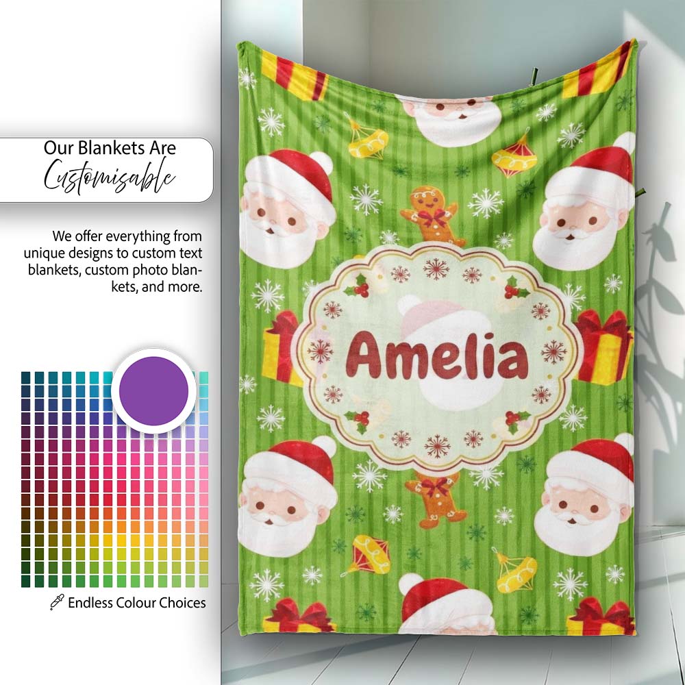 Cute Santa Claus Gingerbread Gift Snowflake Festive Seamless Pattern Personalised Custom Name Super Soft Fleece Blanket Bed Sofa Throw