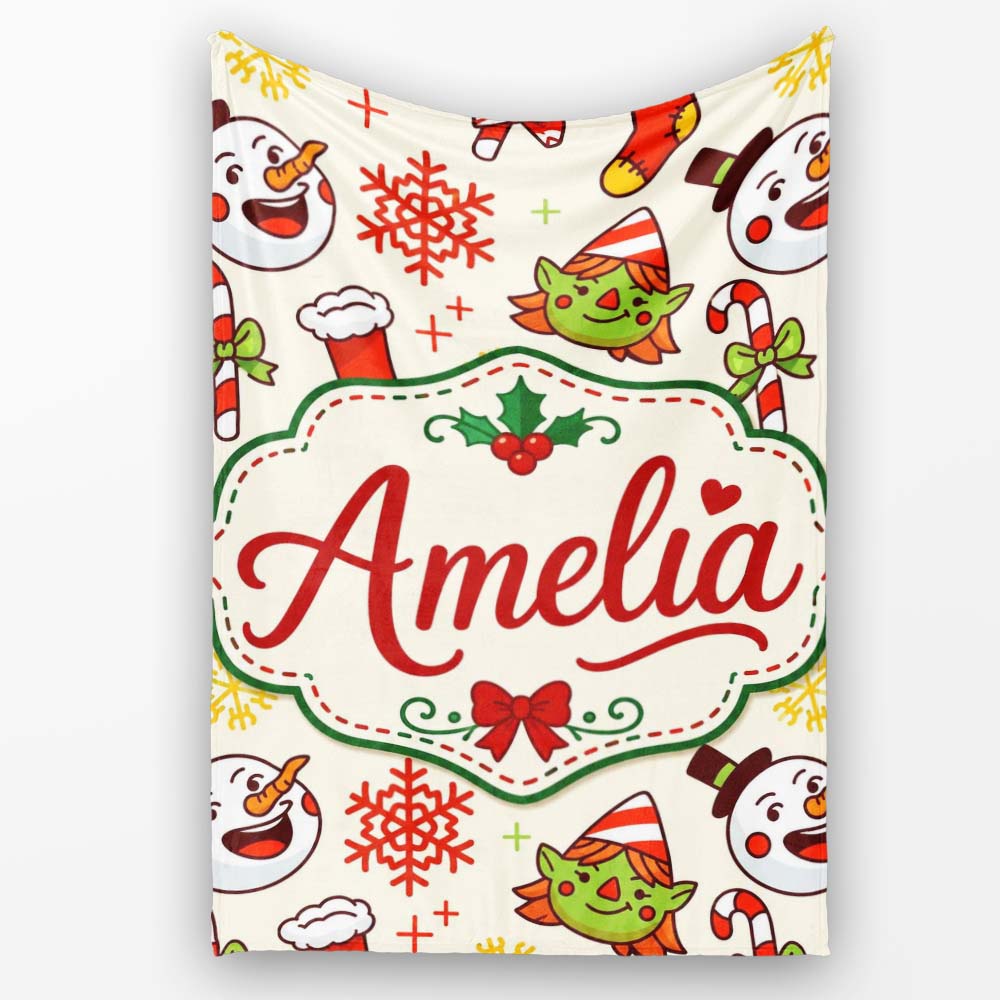 Cute Snowman Elf Candy Cane Christmas Stocking Festive Seamless Personalised Custom Name Super Soft Fleece Blanket Bed Sofa Throw
